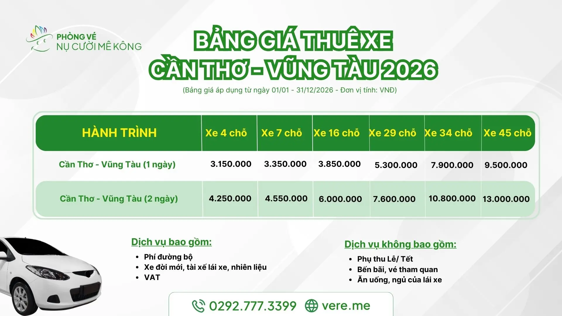 Bảng giá thuê xe Cần Thơ Vũng Tàu tại vere