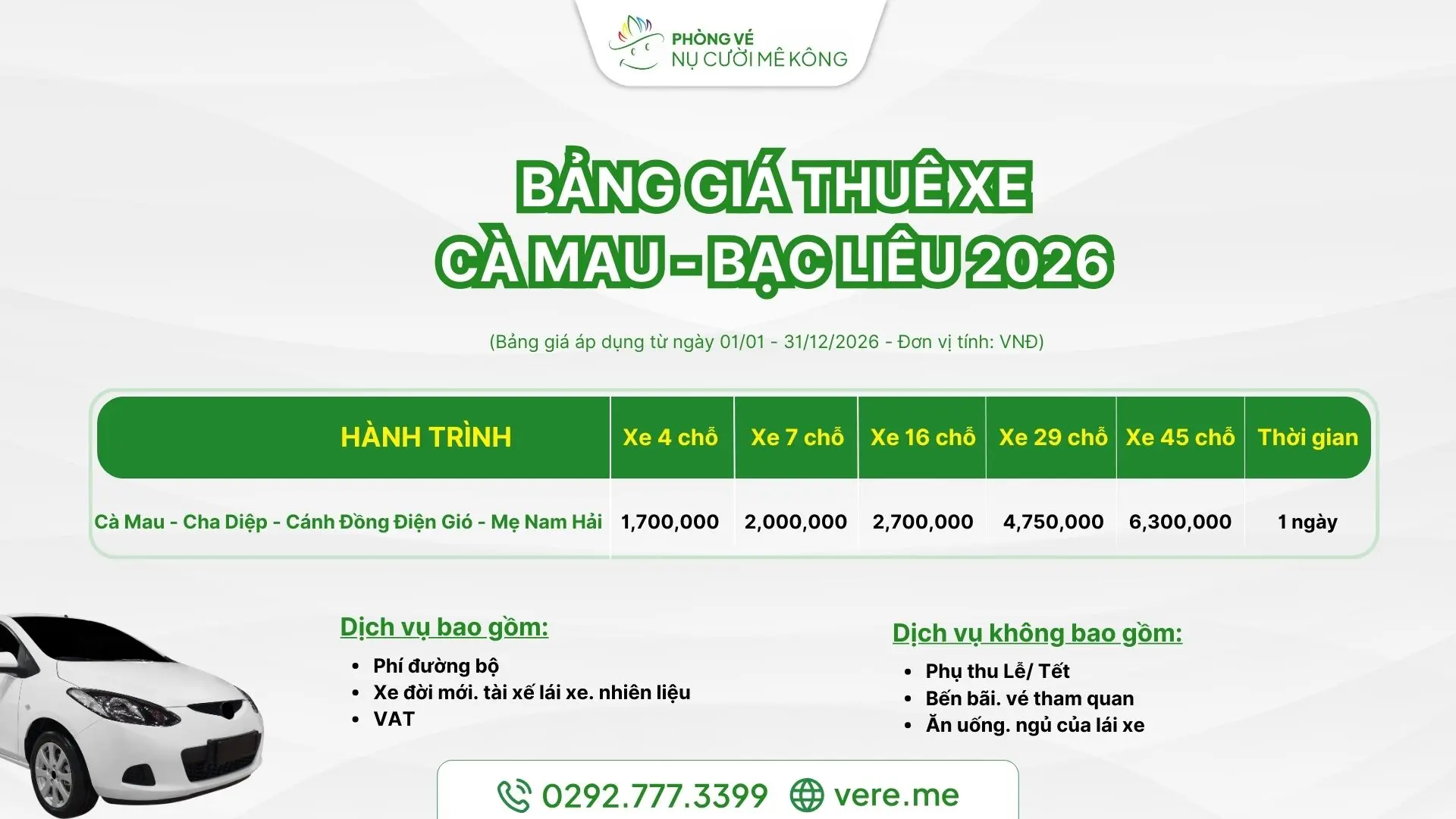 Bảng giá thuê xe Cà Mau đi Bạc Liêu 2026 tại Vere