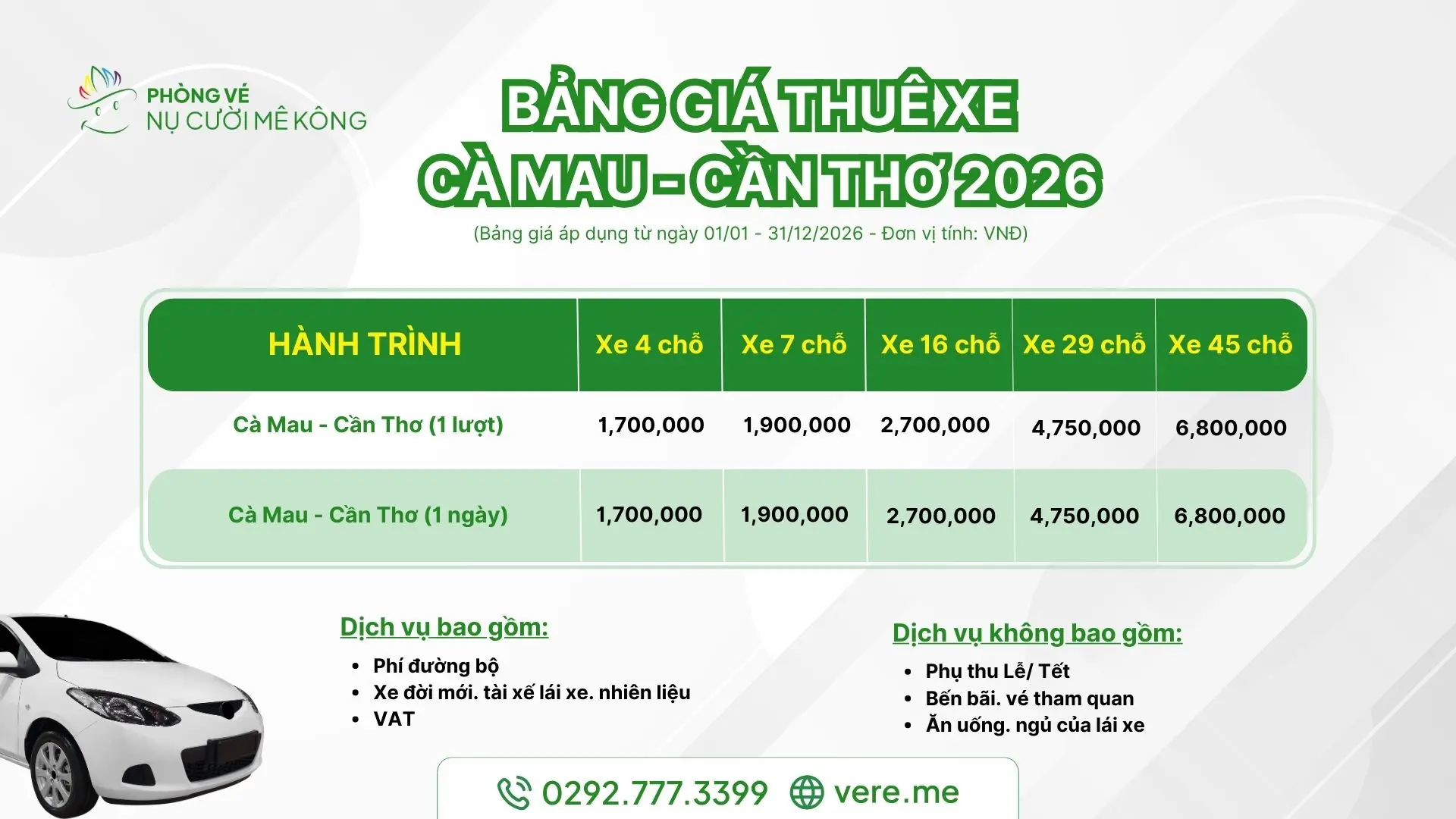 Bảng giá thuê xe Cà Mau đi Cần Thơ 2026 tại Vere