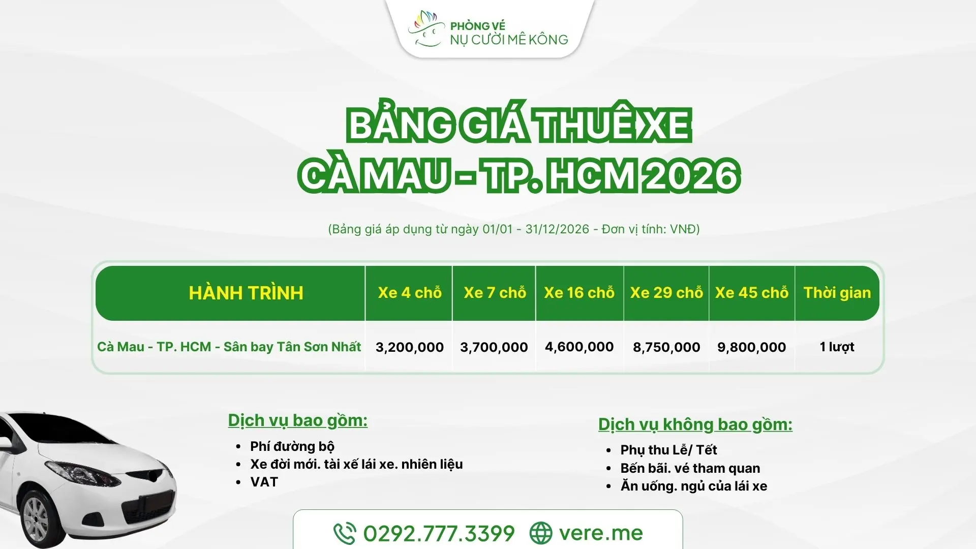 Bảng giá thuê xe cà mau đi tphcm của vere 2026