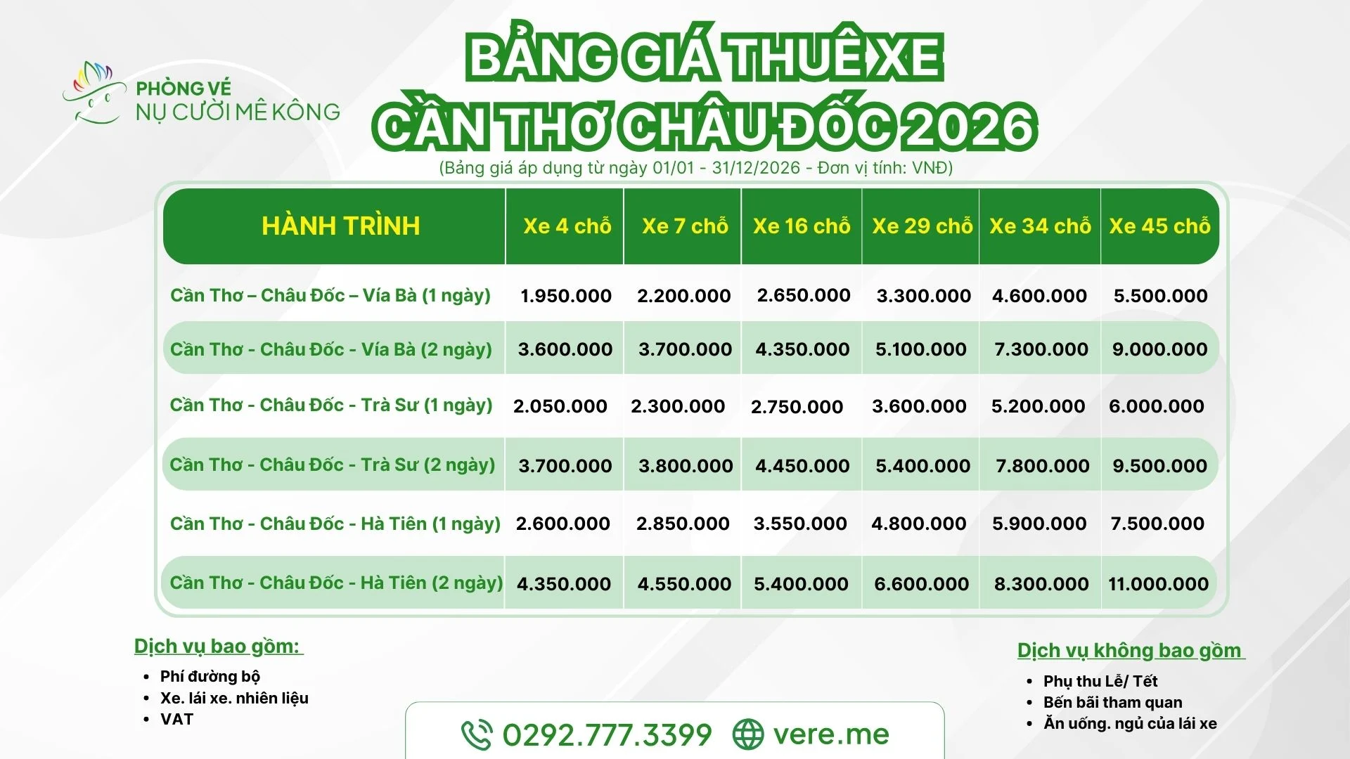 Bảng giá thuê xe Cần Thơ Châu Đốc 2026 tại Vere