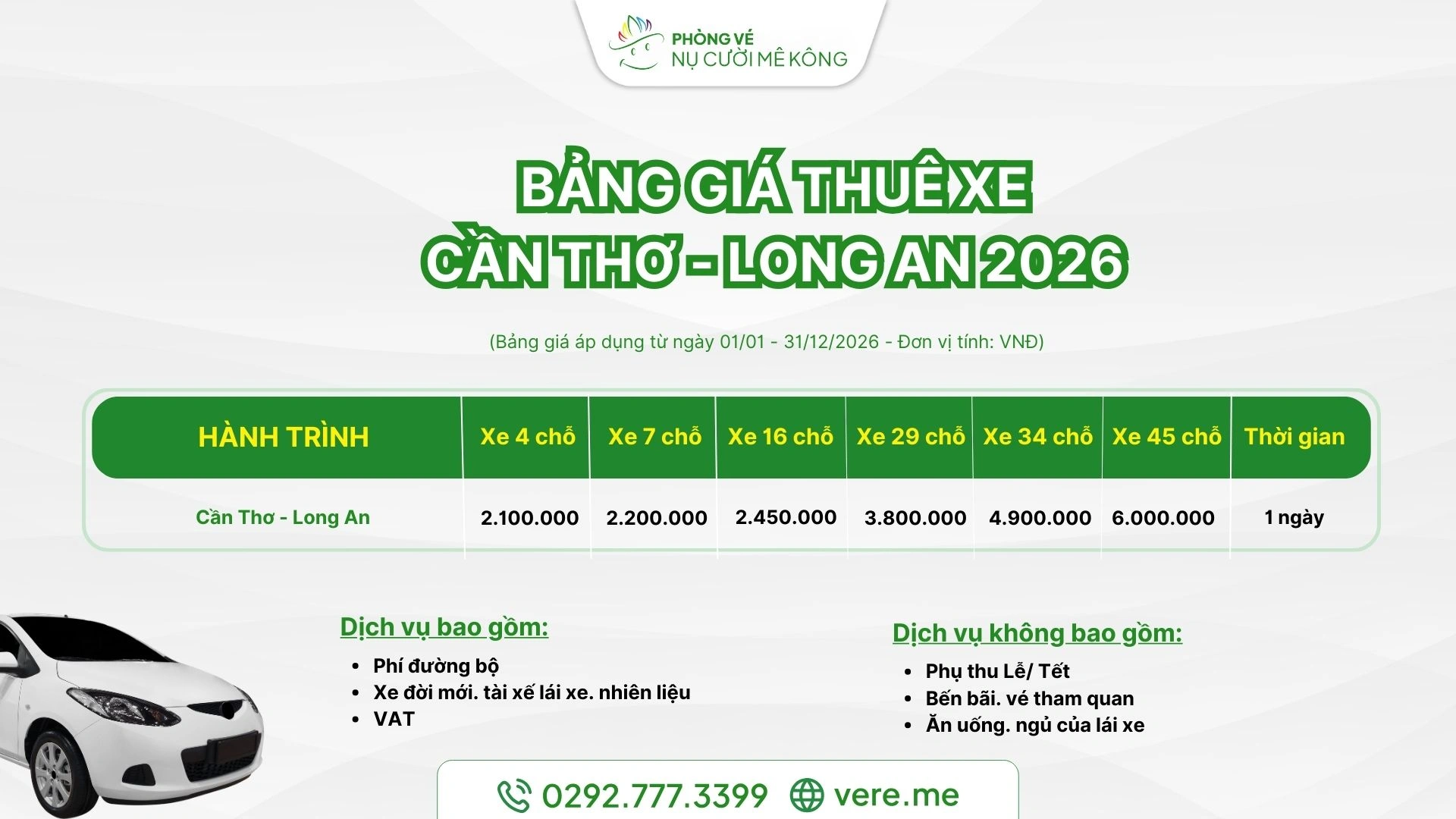 Bảng giá thuê xe Cần Thơ Long An 2026 tại Vere