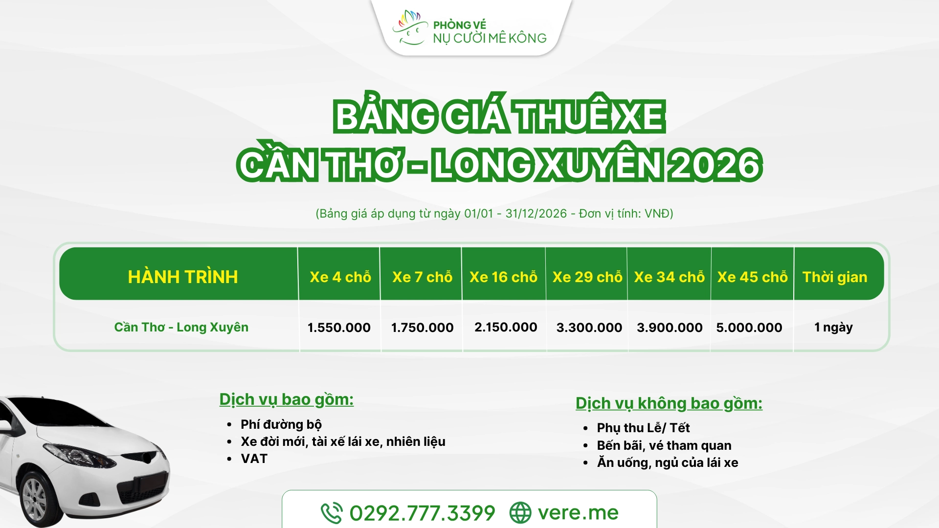 Bảng giá thuê xe Cần Thơ Long Xuyên 2026 tại Vere
