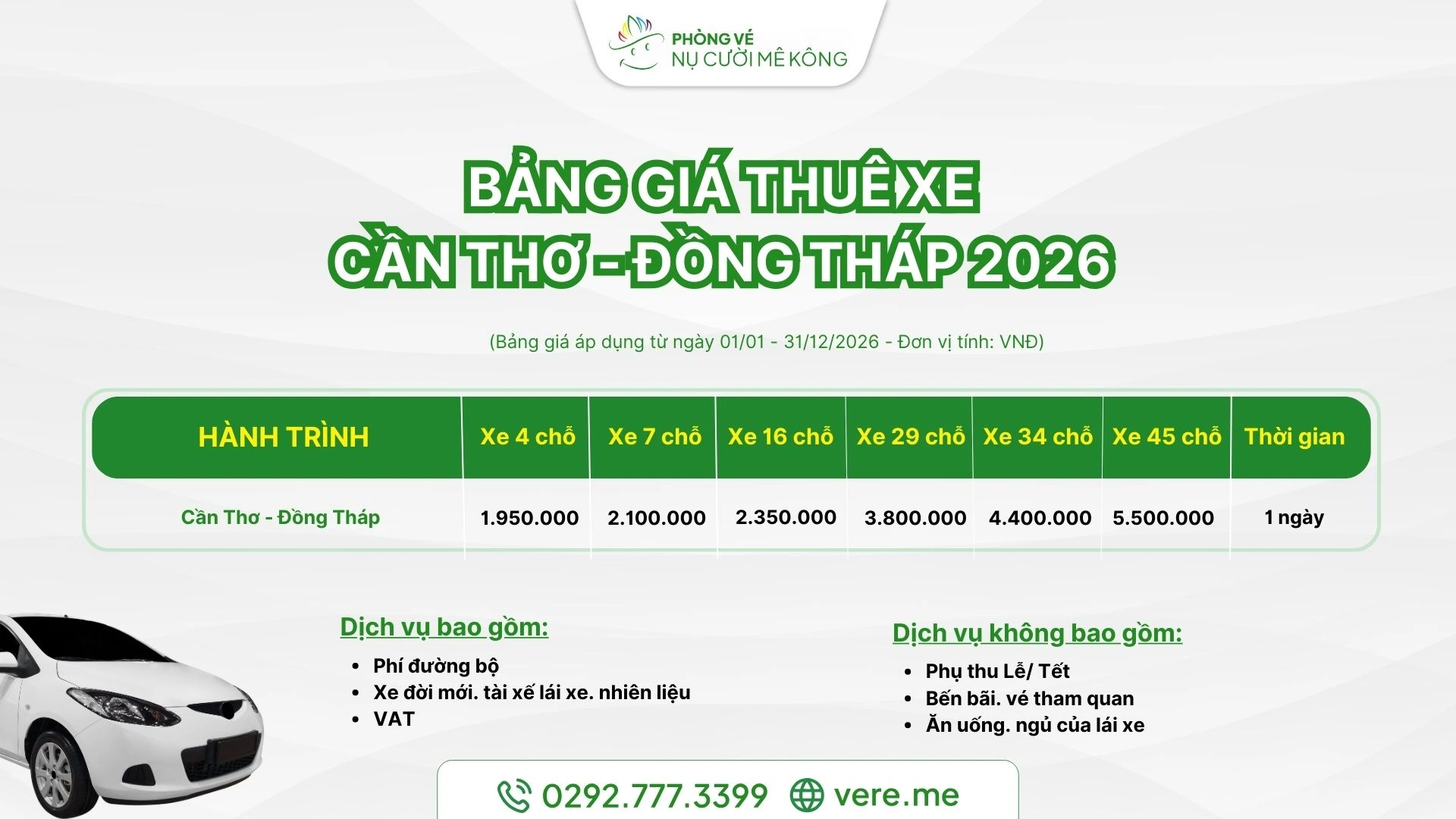 Bảng giá thuê xe Cần Thơ Đồng Tháp 2026 tại Vere