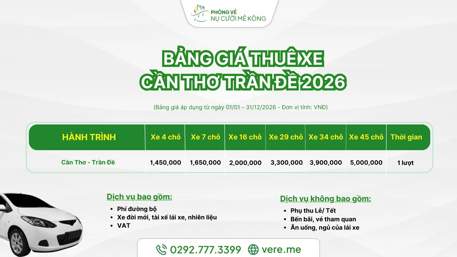 Bảng giá thuê xe Cần Thơ Trần Đề tại vere