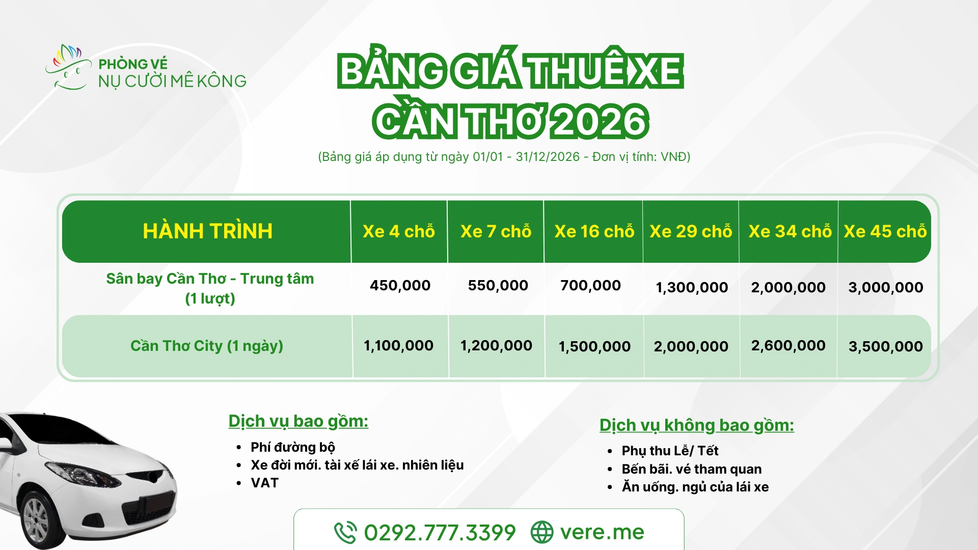 Bảng giá thuê xe Cần Thơ 2026 tại Vere