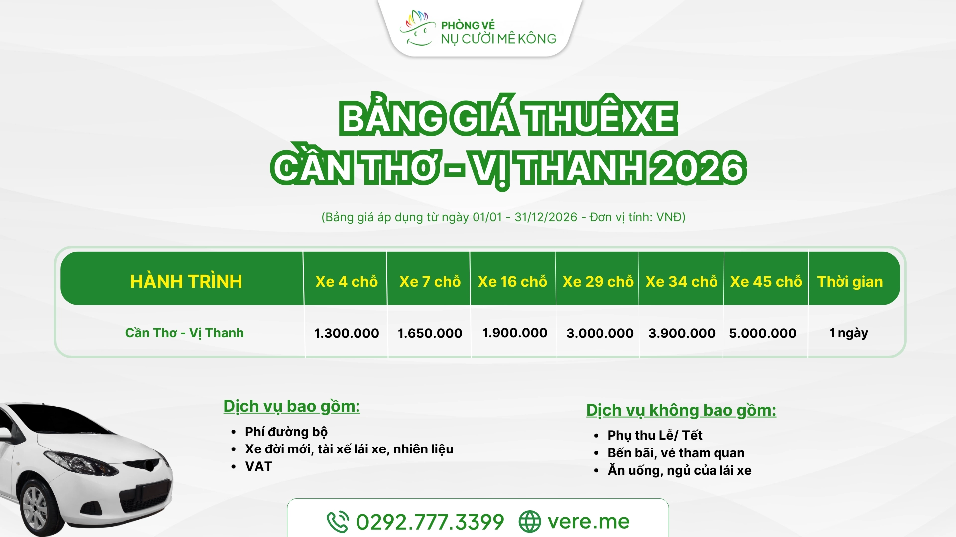 Bảng giá thuê xe Cần Thơ Vị Thanh 2026 tại Vere