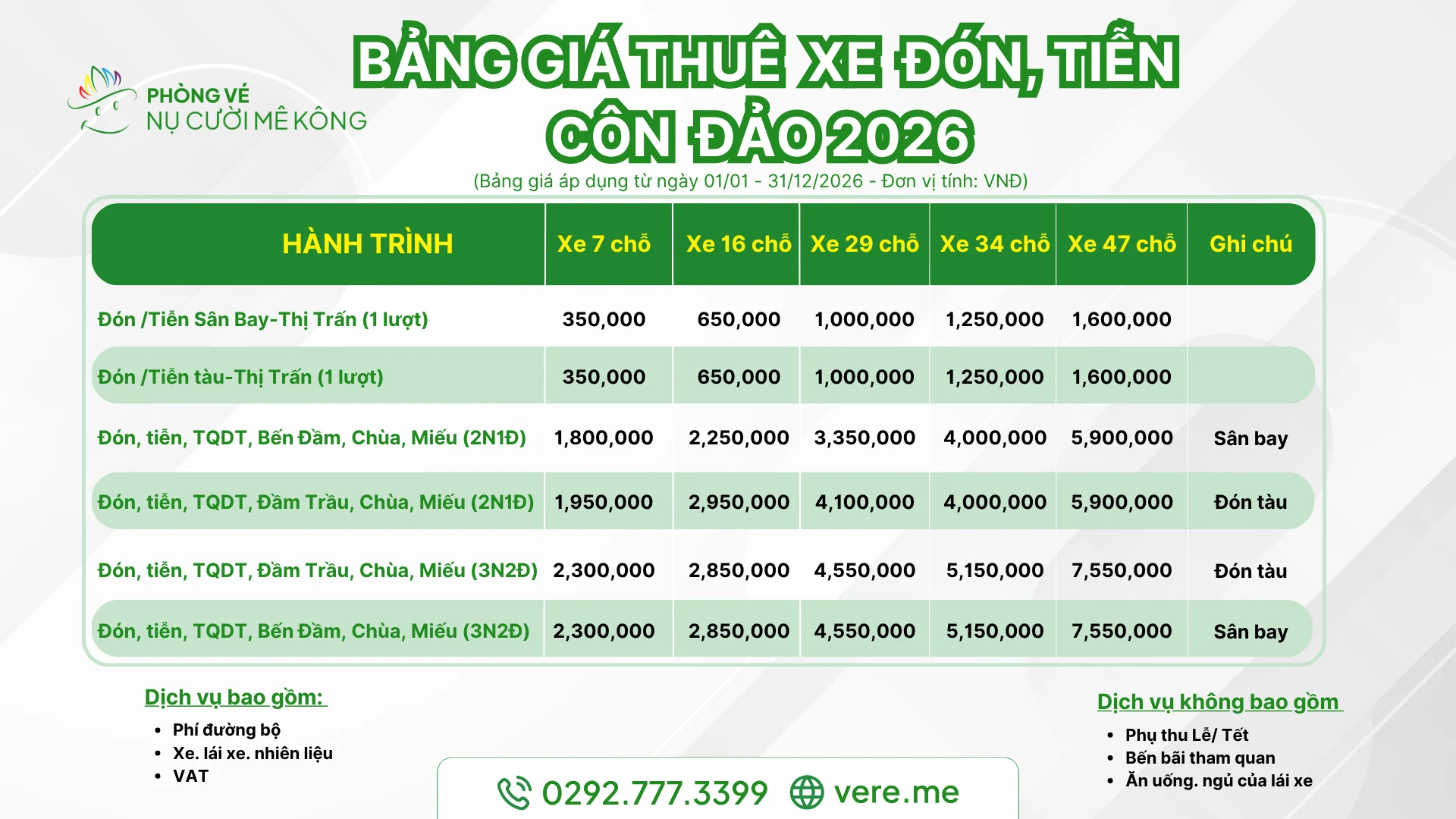  Thuê xe du lịch Côn Đảo giá rẻ, uy tín: Xe 7, 16, 29, 34, 47 chỗ