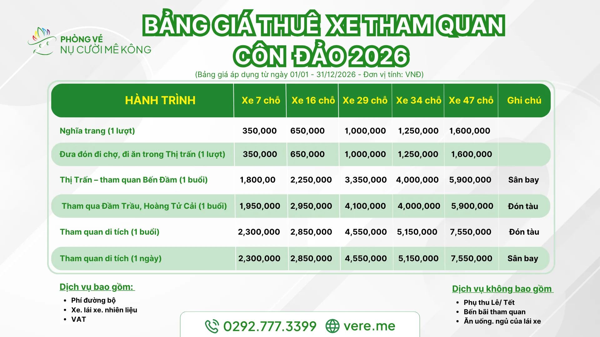 Thuê xe du lịch Côn Đảo giá rẻ, uy tín: Xe 7, 16, 29, 34, 47 chỗ