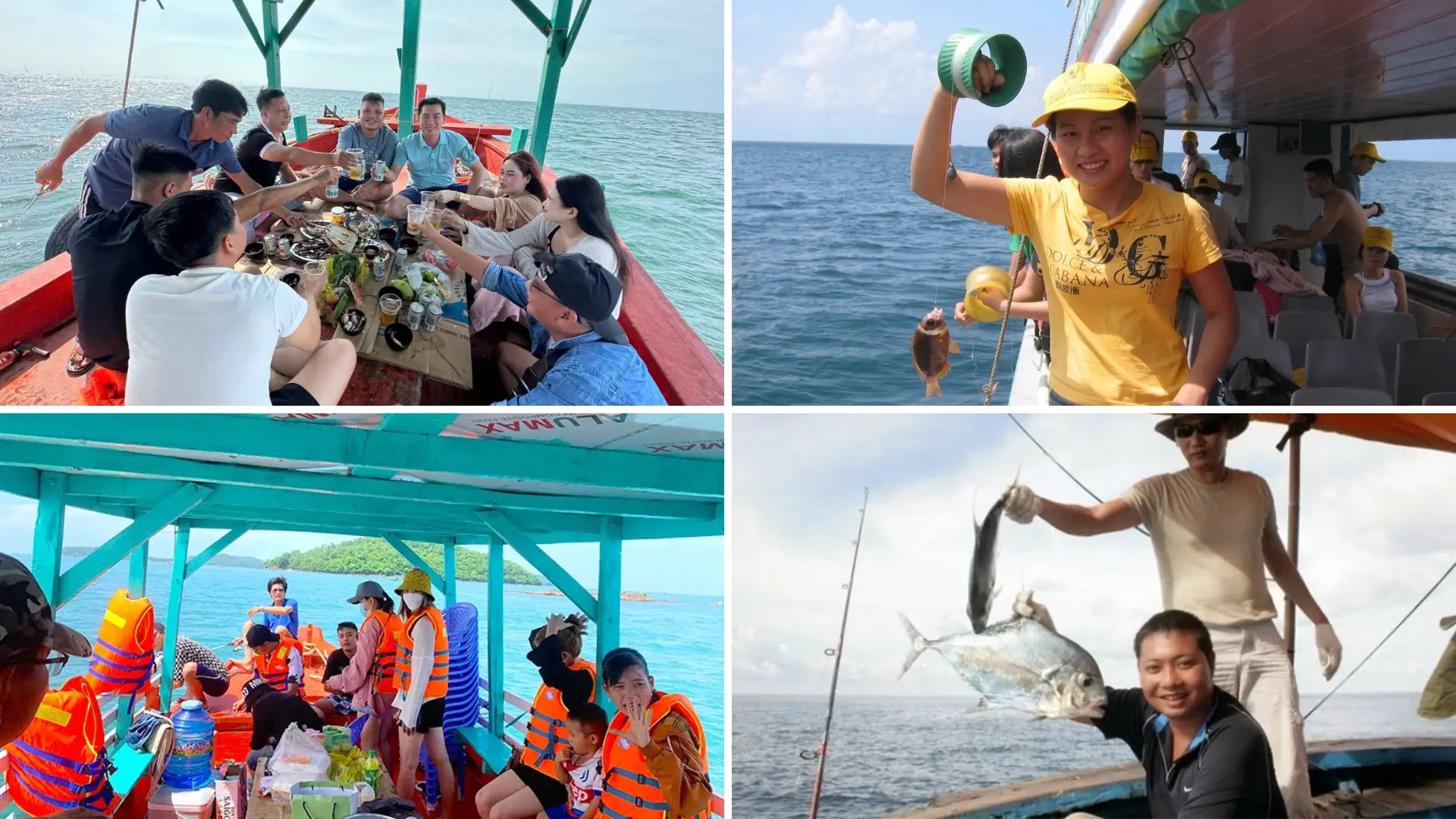 Các hoạt động trải nghiệm trên tàu tại Đảo Hải Tặc bao gồm câu cá, lặn ngắm san hô và thưởng thức hải sản tươi sống trên boong tàu.