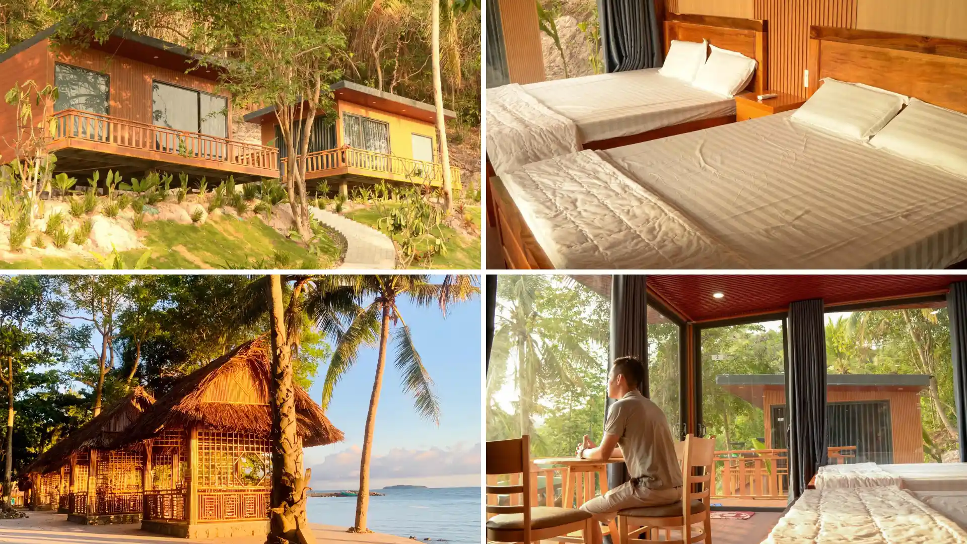 Không gian nghỉ dưỡng tại Treasure Resort Đảo Hải Tặc với thiết kế bungalow gỗ view biển và nội thất phòng ngủ hiện đại.