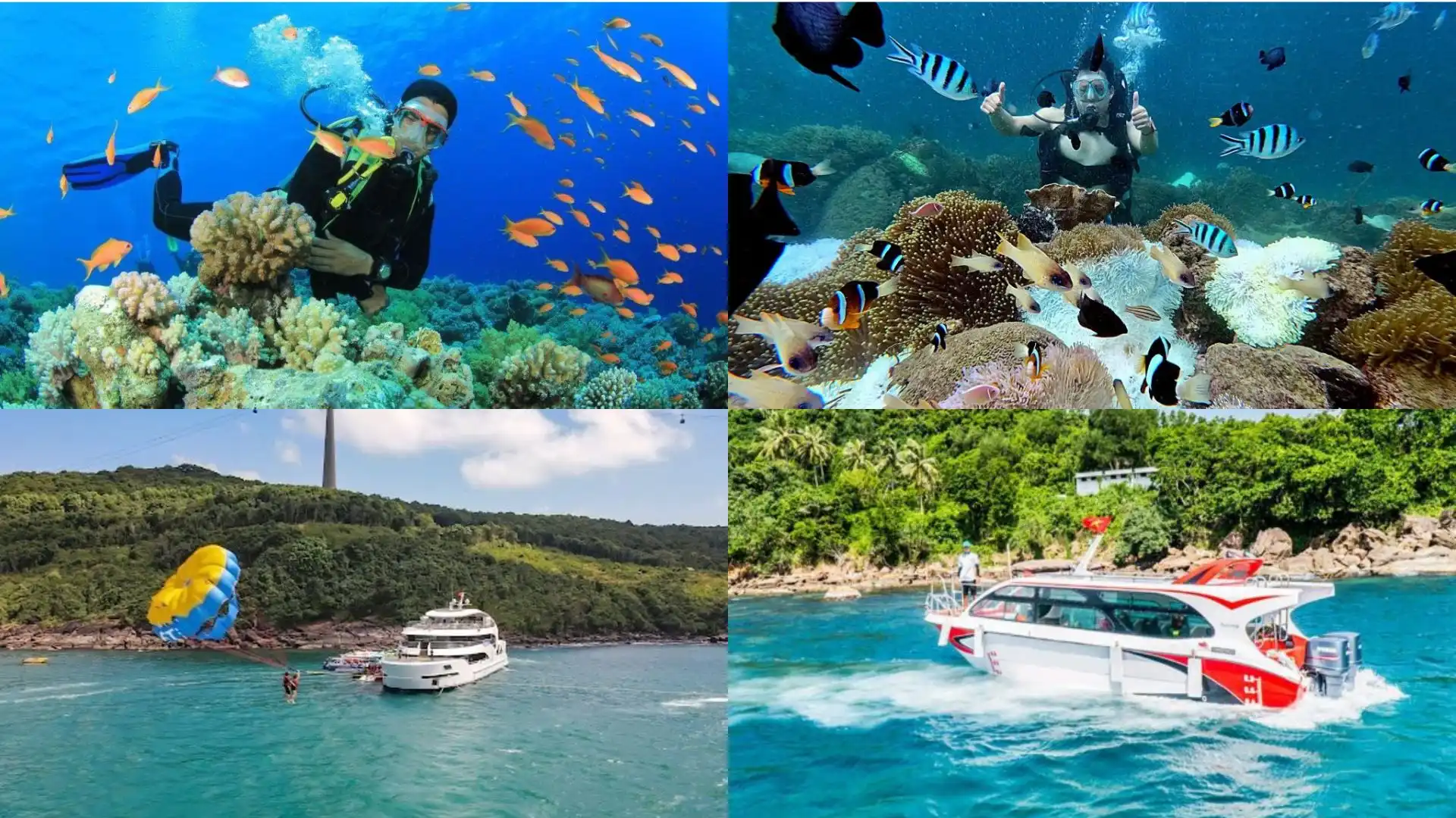 Khách du lịch trải nghiệm lặn biển ngắm san hô và đi cano tại đảo Phú Quốc